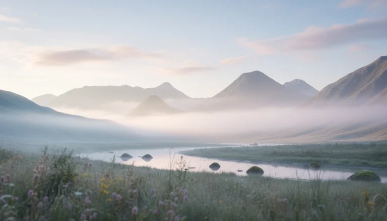 Paisaje de montañas con niebla al amanecer