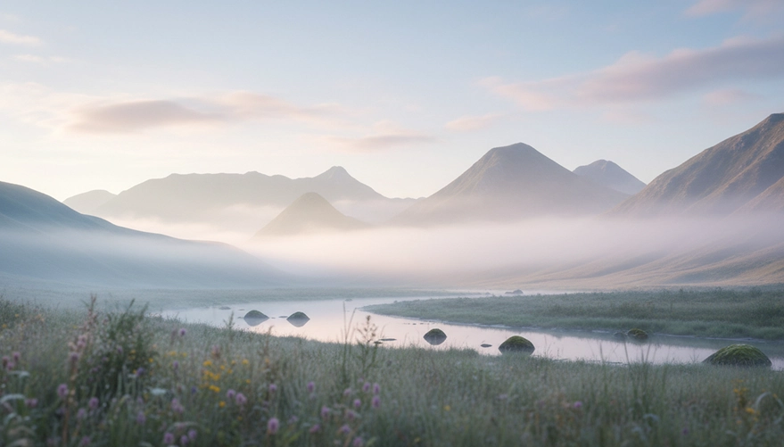 Paisaje de montañas con niebla al amanecer